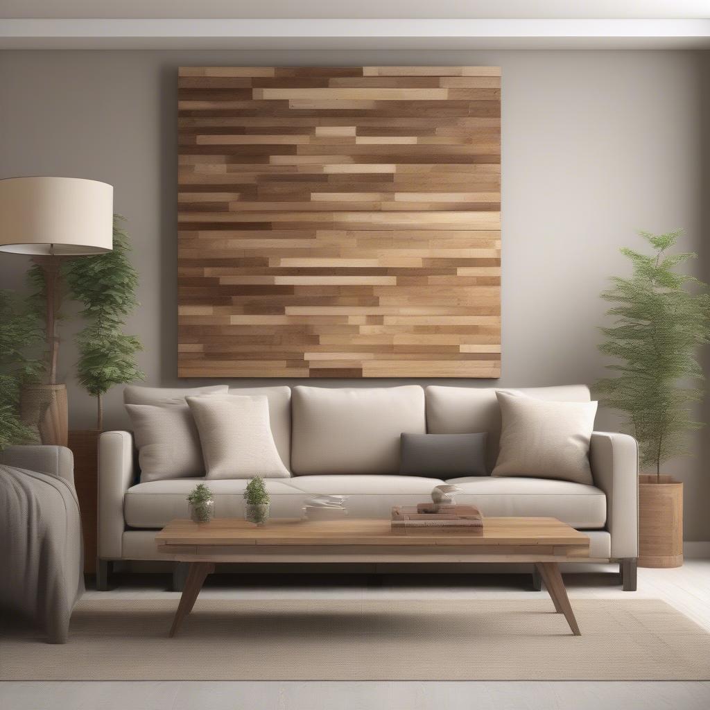 Rustic wood wall art adds warmth and character to a living room.