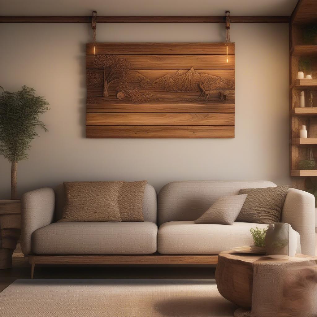 Rustic wood wall decor adds a touch of warmth and character to a living room setting.