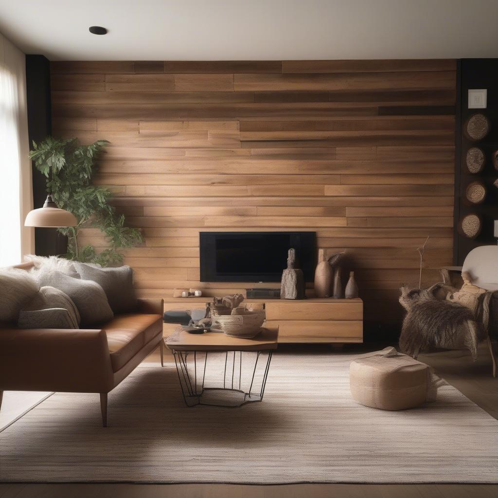 Rustic wood wall decor adds warmth and character to a living room setting