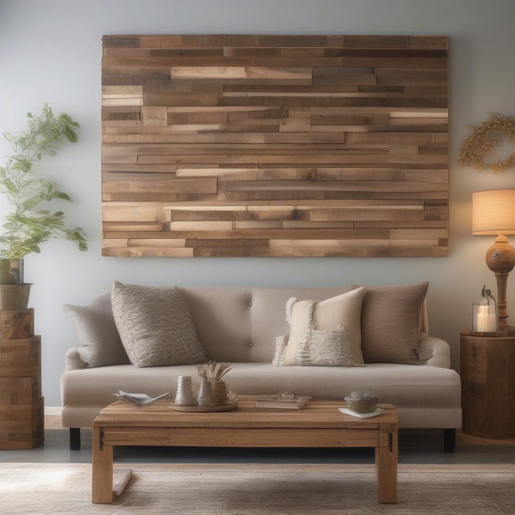 Rustic wood wall decor adds warmth and character to a living room.