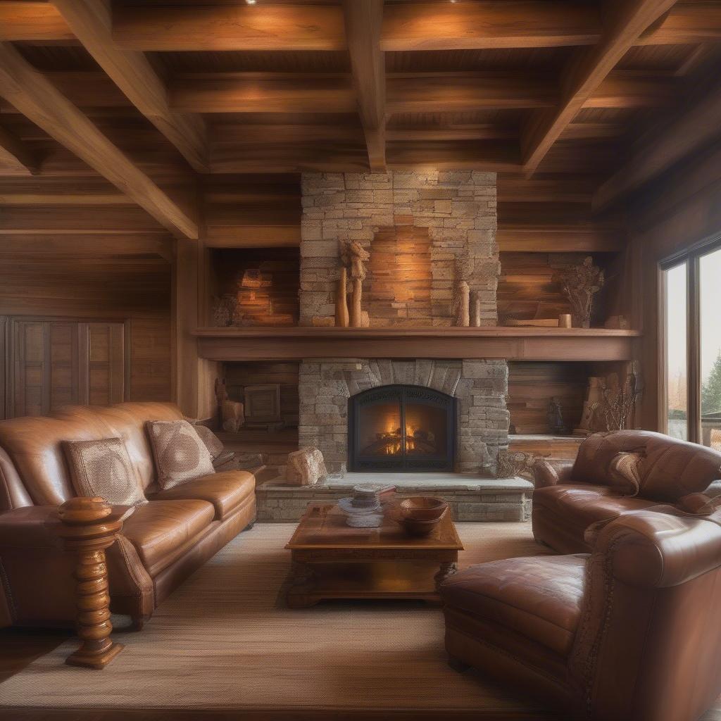 Rustic wood wall decor in a living room setting