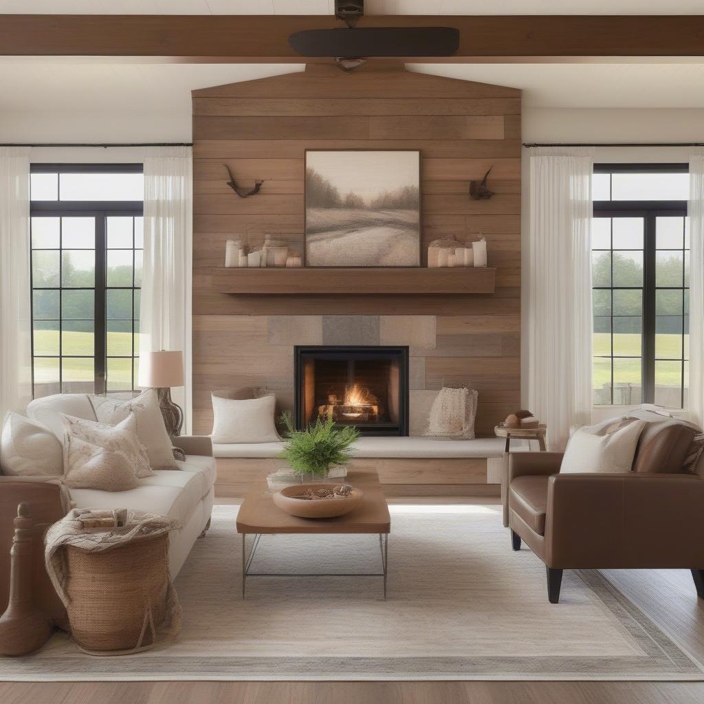 Rustic Wood Wall Hanging in a Farmhouse Living Room