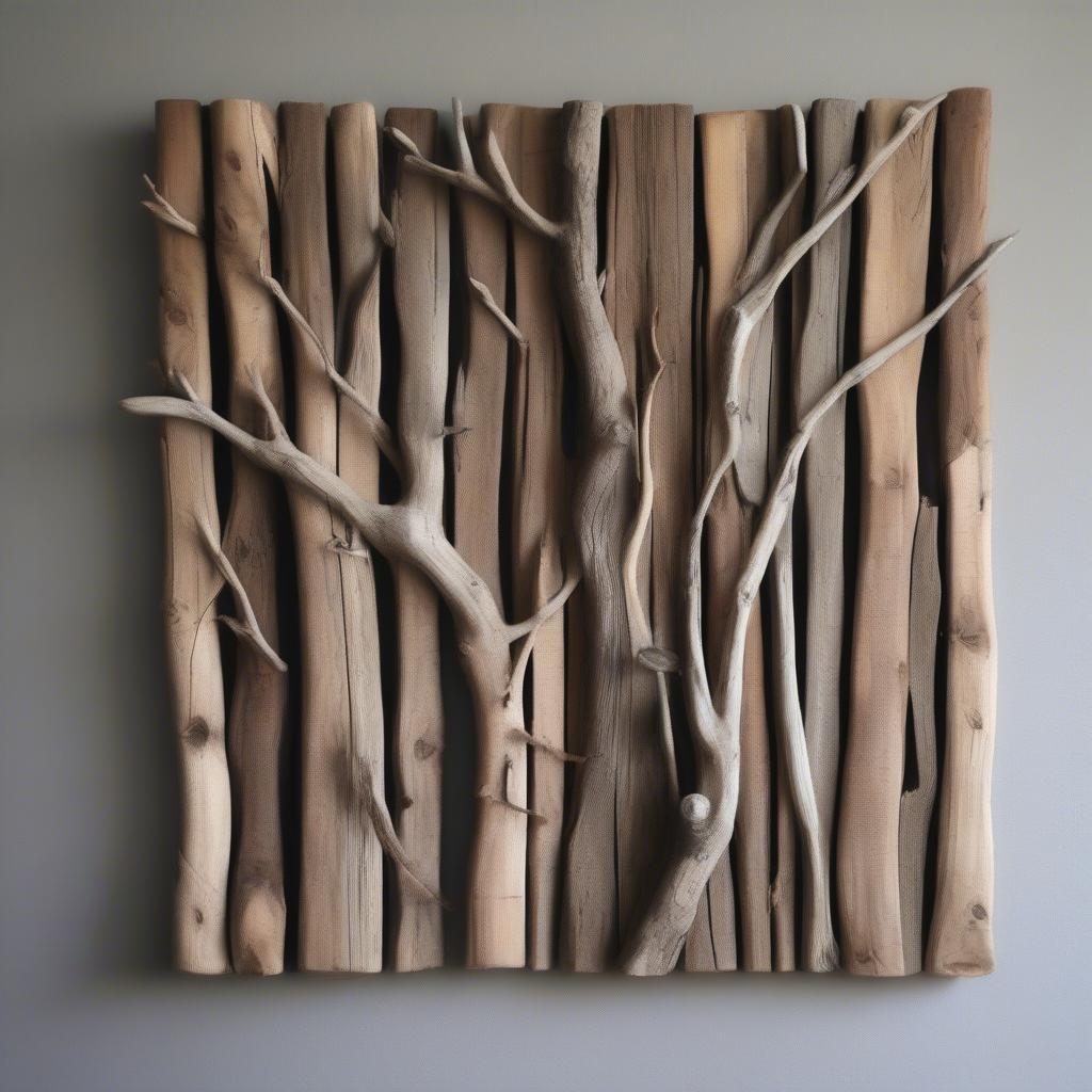 Rustic wood wall hanging incorporating natural elements like branches and leaves