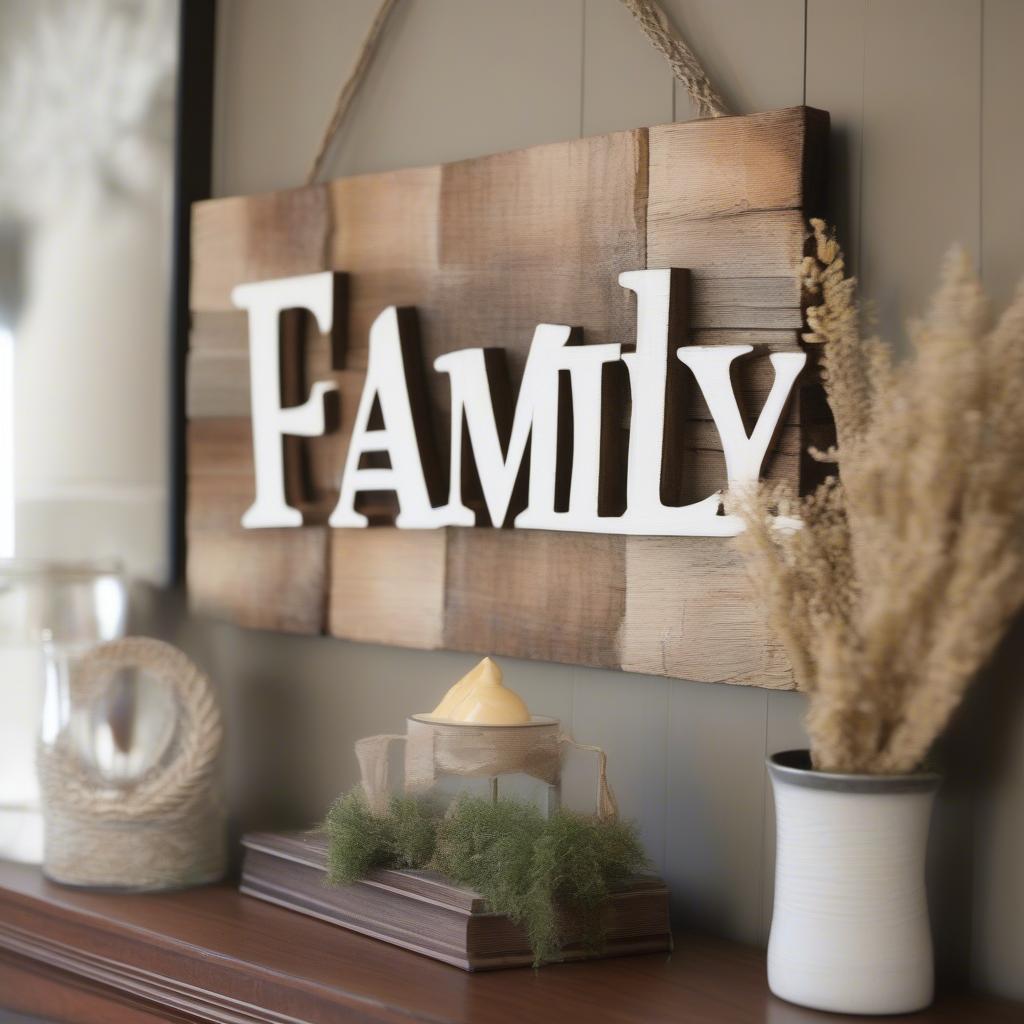 Rustic Wood Word Art in a Living Room Setting