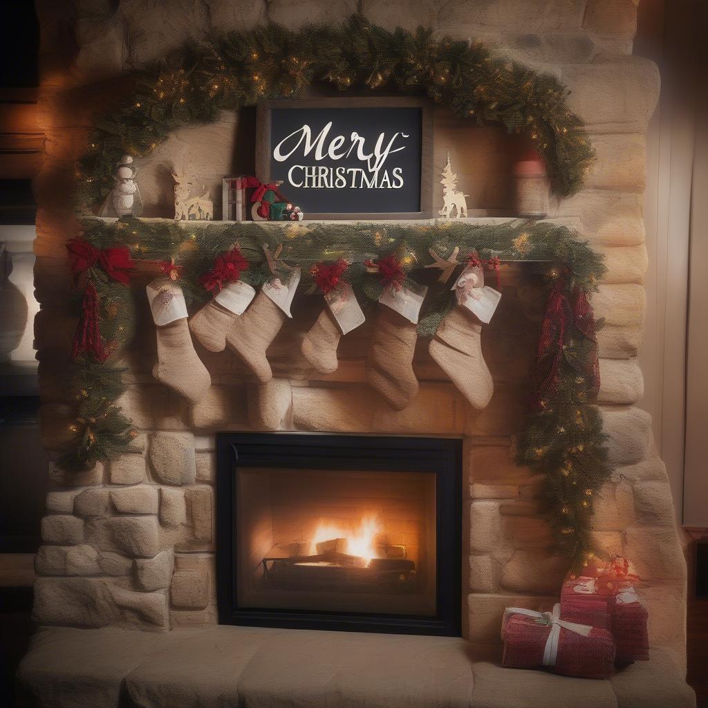 Rustic Wooden Christmas Sign Displayed Above a Fireplace