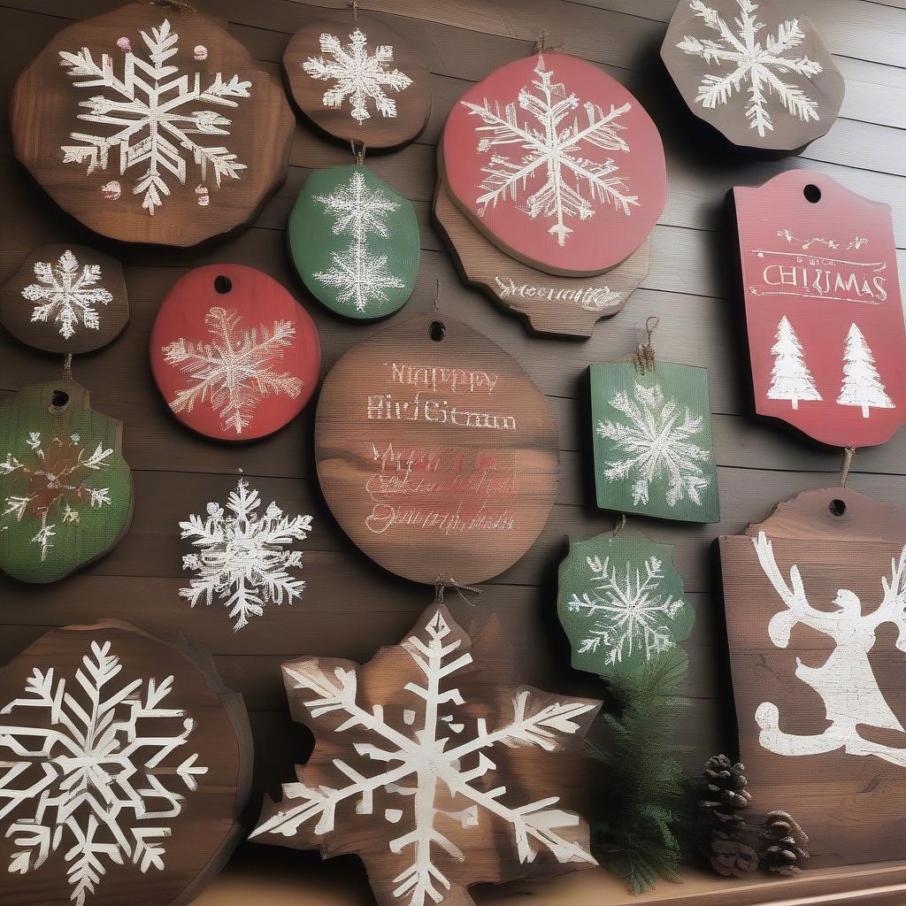 Variety of rustic wooden Christmas signs featuring snowflake designs.