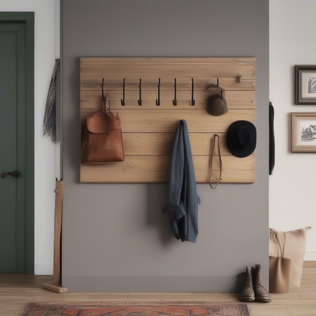 Rustic wooden coat hooks in an entryway