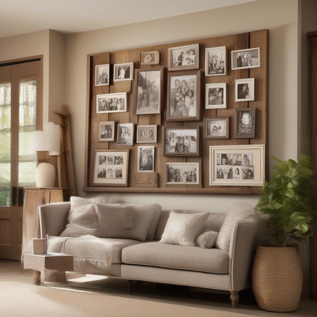 Rustic Wooden Collage Photo Frames in Living Room