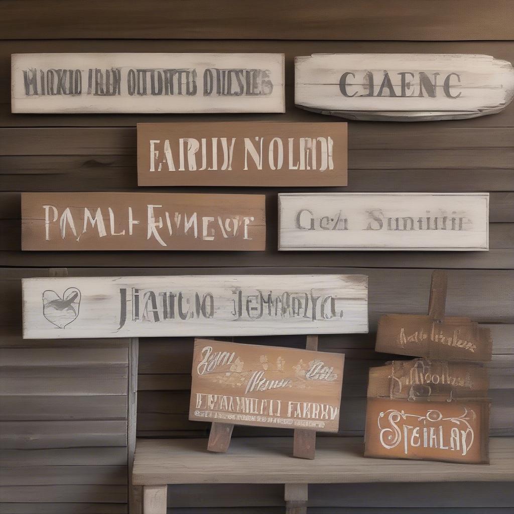 Rustic wooden farm signs displaying personalized family names, adding a touch of warmth and heritage to a farmhouse setting.