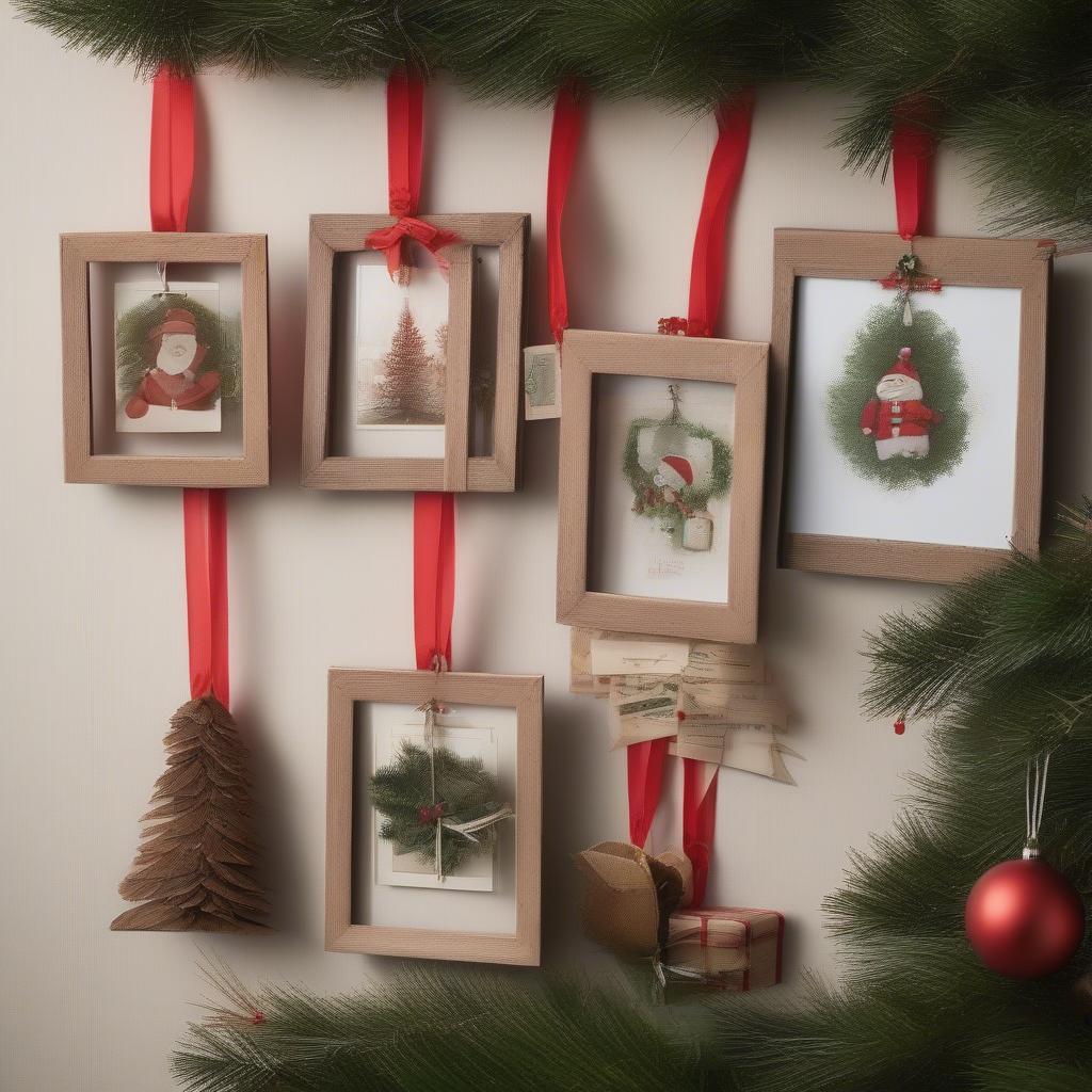 Rustic wooden frame ornaments hanging on a Christmas tree, adorned with ribbons and festive greenery.