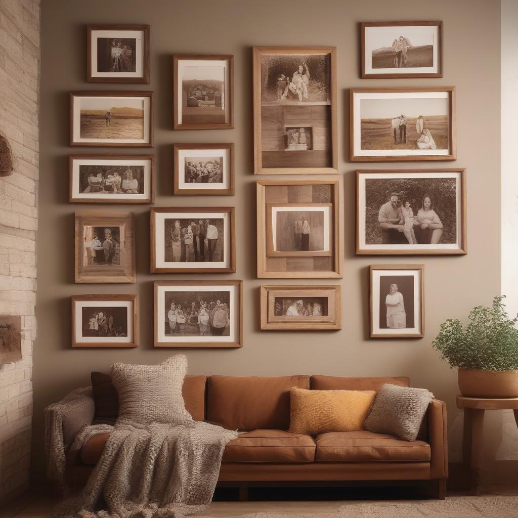 Rustic wooden frames showcasing a collection of cherished family photos in a warm and inviting living room setting.