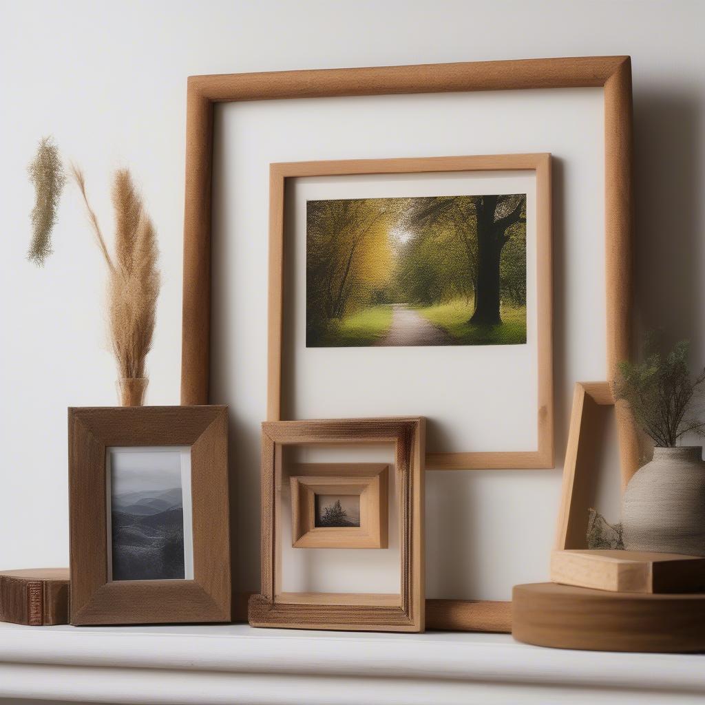 A rustic wooden frame showcases a landscape photo, placed on a mantelpiece.