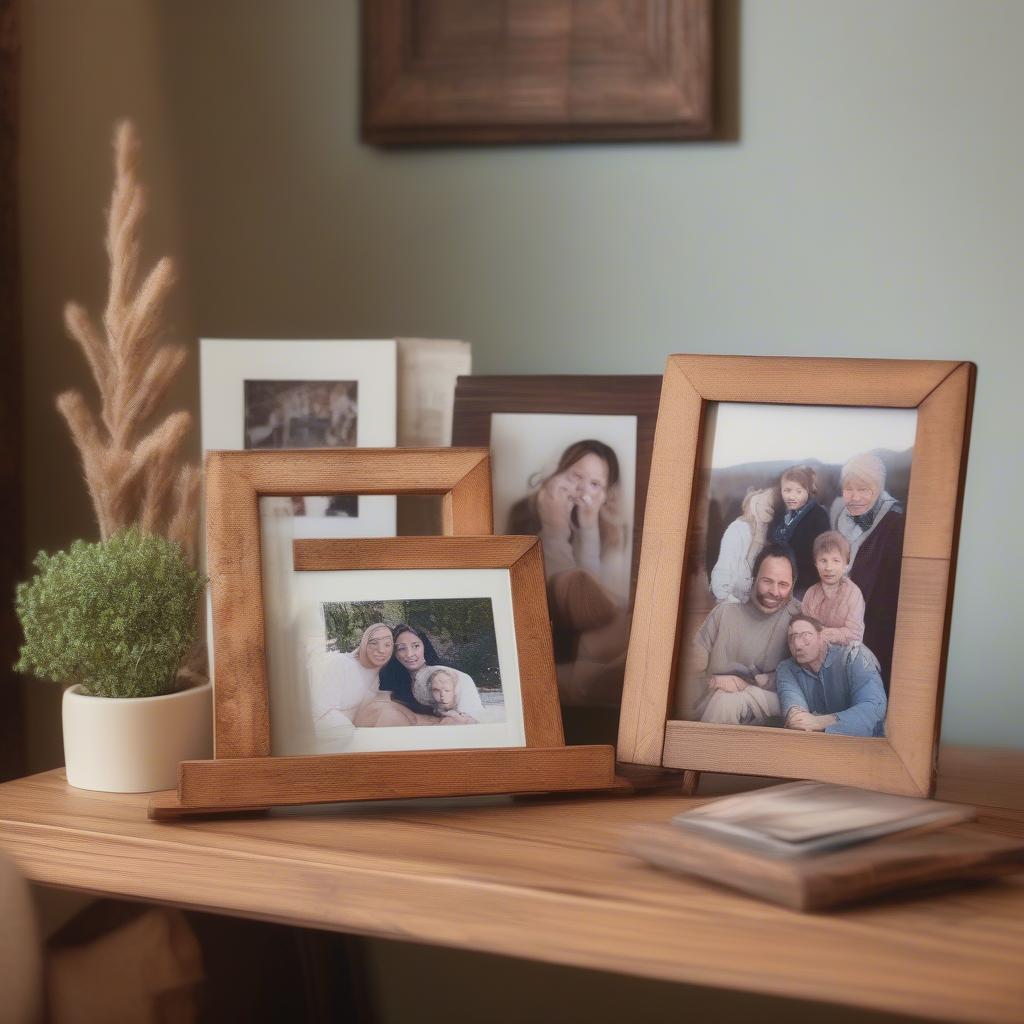 Rustic wooden photo stand displaying family photos in a living room setting.