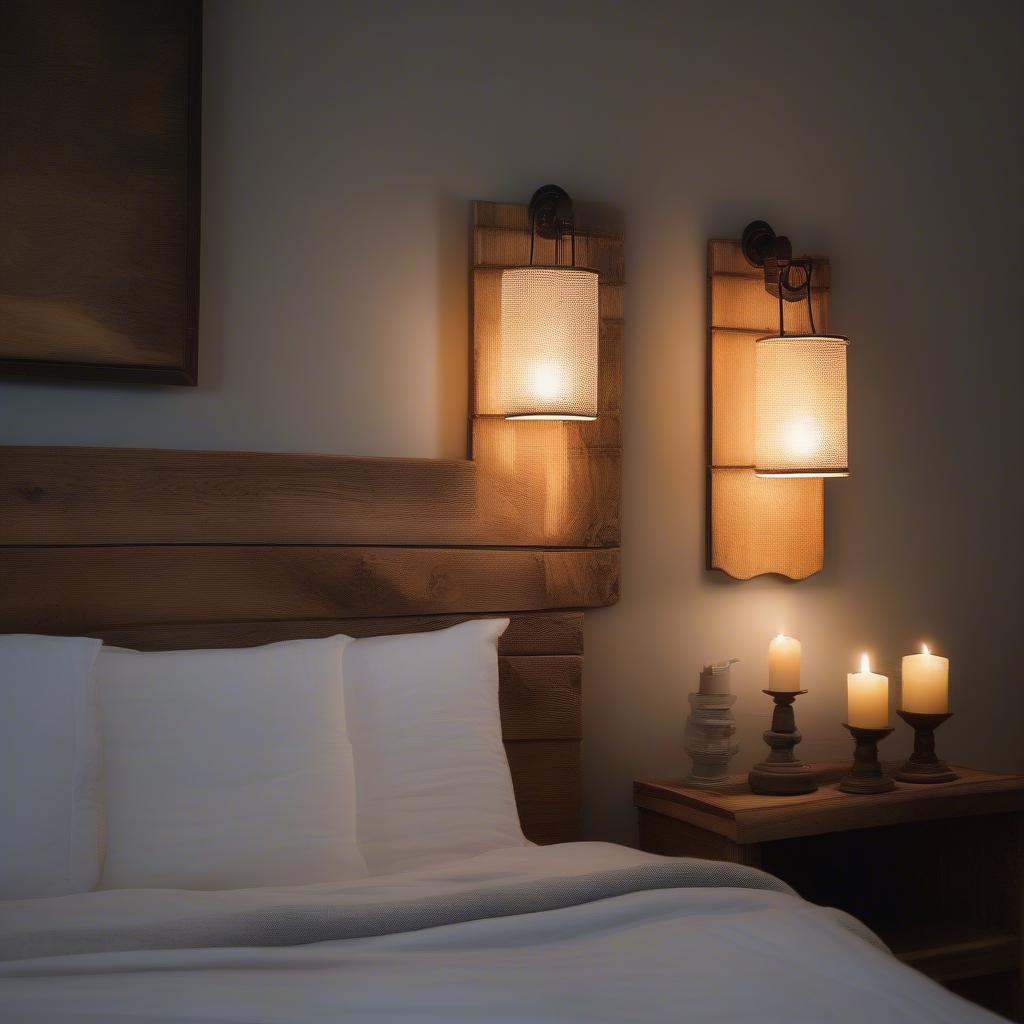 Rustic wooden sconces create a calming ambiance in a bedroom setting.