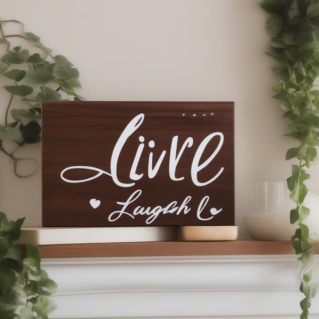 Rustic wooden sign hanging in a living room, featuring the quote "Live, Laugh, Love," surrounded by potted plants.