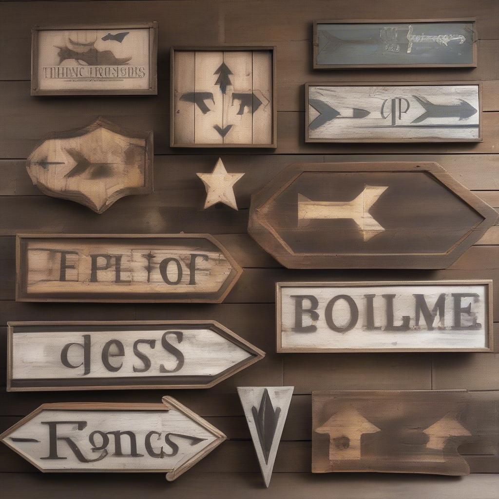 A variety of rustic wooden signs displaying different shapes, sizes, and finishes.