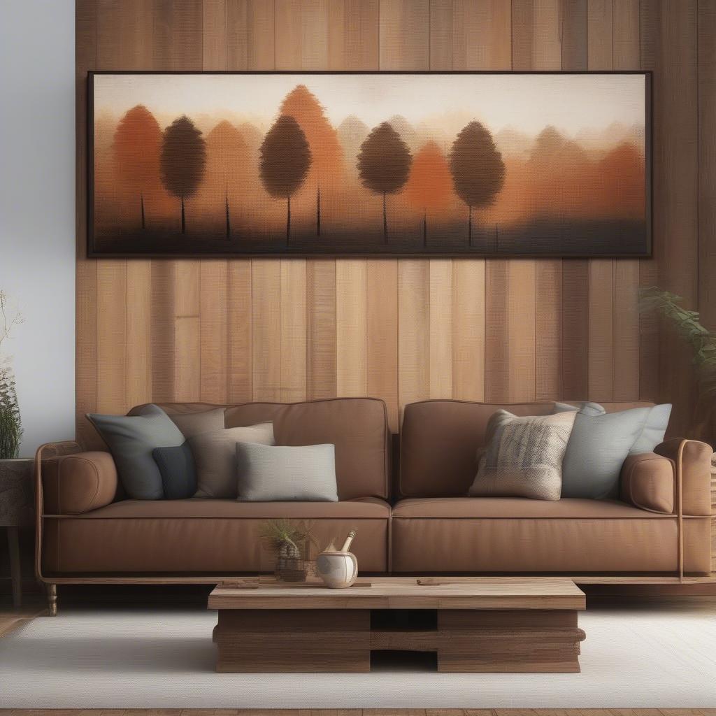 Rustic wooden wall art adds warmth and character to a living room.