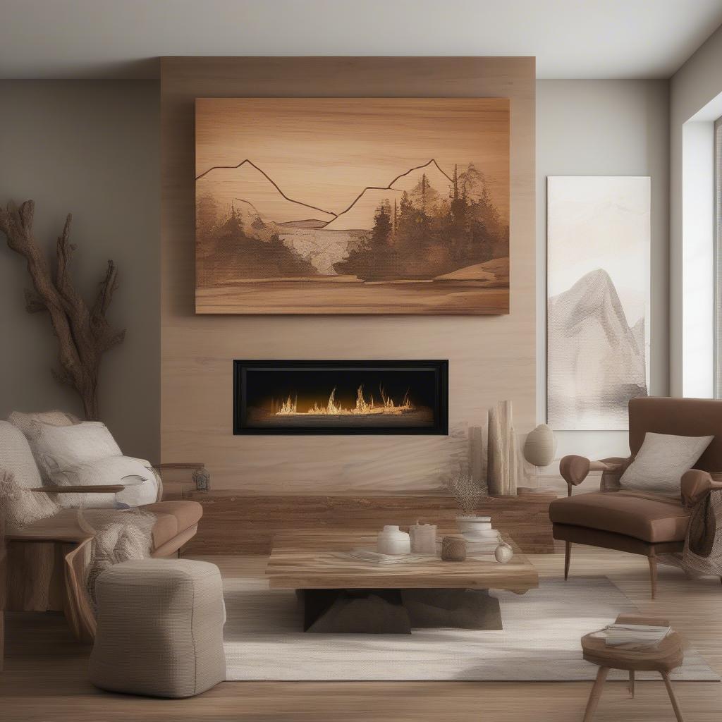 Rustic wooden wall art in a living room setting