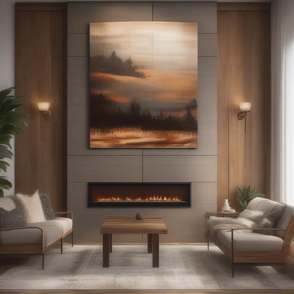 Rustic wooden wall art hanging above a fireplace in a cozy living room