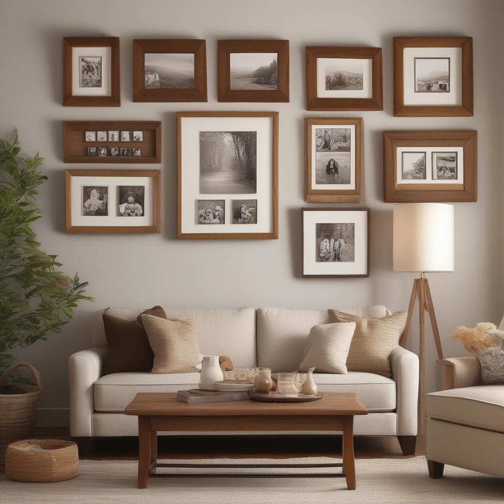 Rustic wooden wall frames add warmth and character to a living room setting