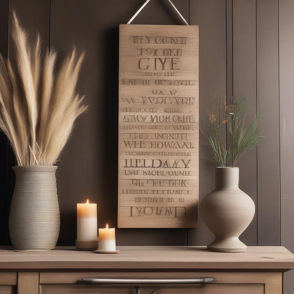 Rustic wooden wall hanging featuring an inspirational quote in a modern farmhouse style living room.