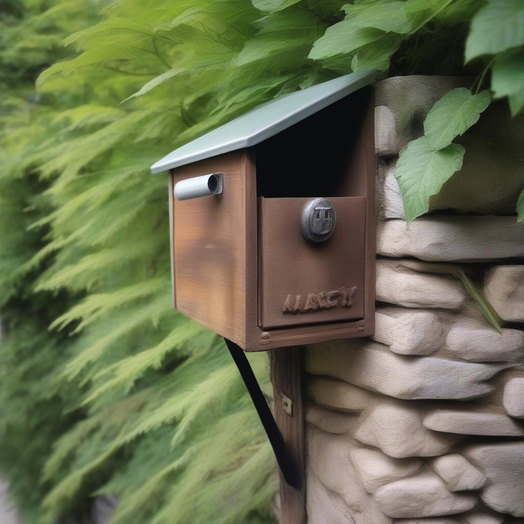 Rustic Wooden Wall Mailbox Mounted on a Stone Wall