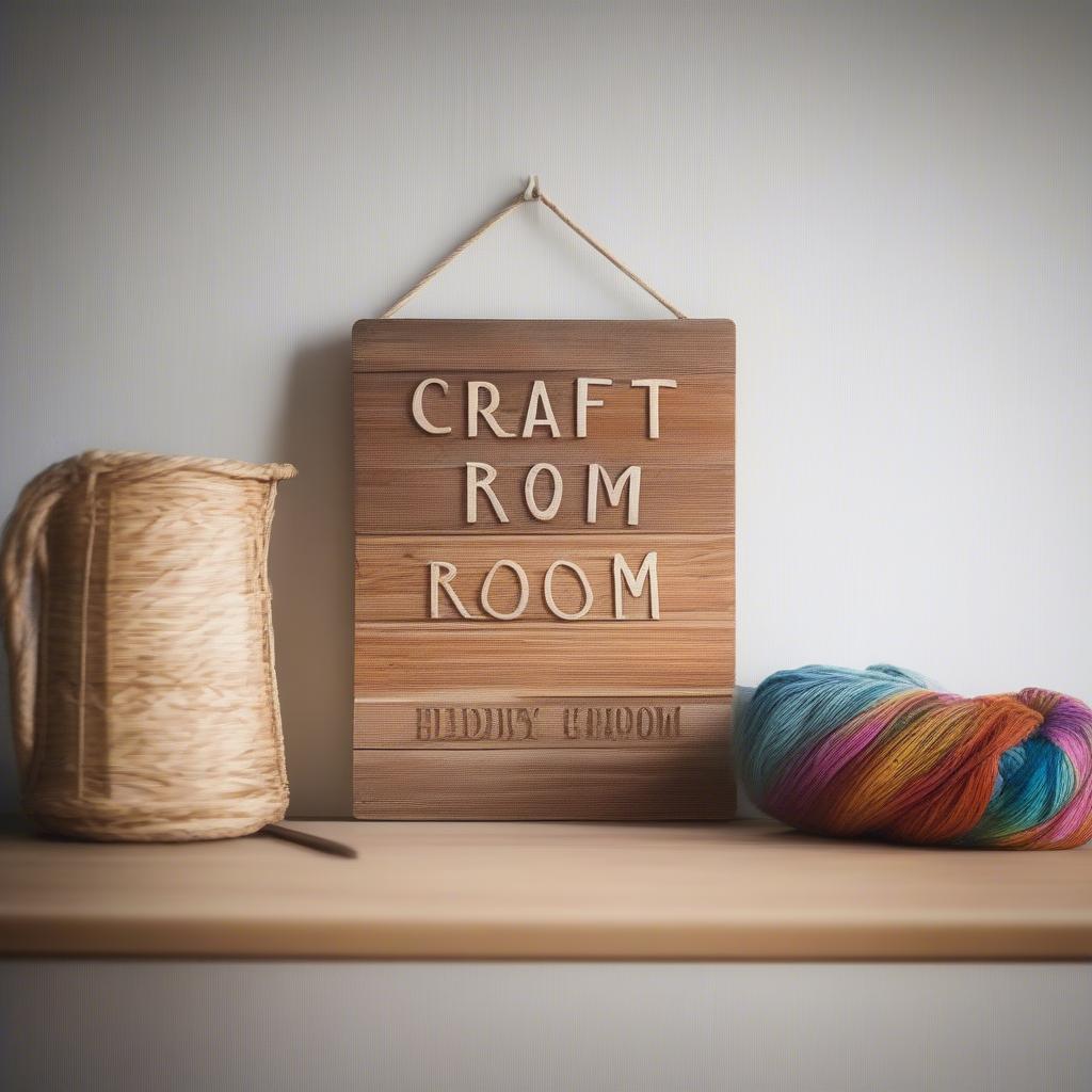 Rustic wooden work sign hanging above a wicker basket filled with yarn and knitting needles