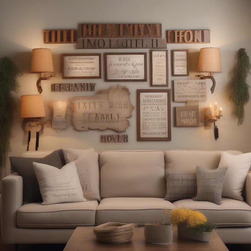 Rustic wooden word signs add warmth and personality to a living room setting.