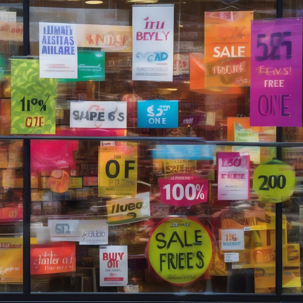 Sale signs in a retail store window