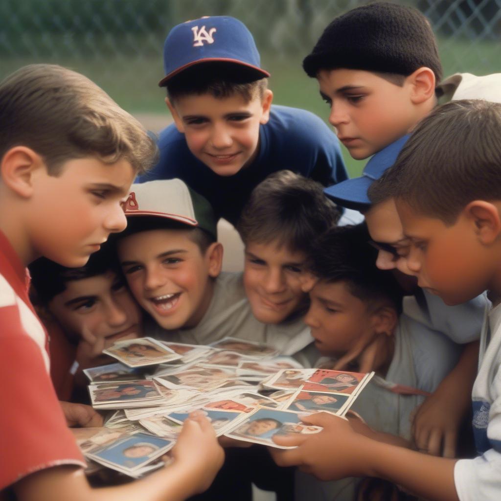 The Sandlot boys looking at their baseball cards