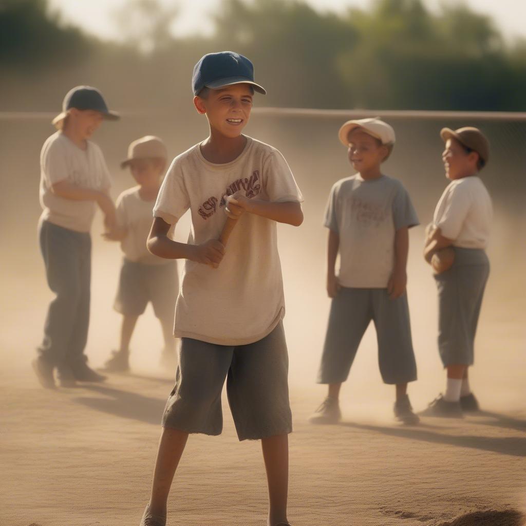 The Sandlot boys playing baseball in the summer