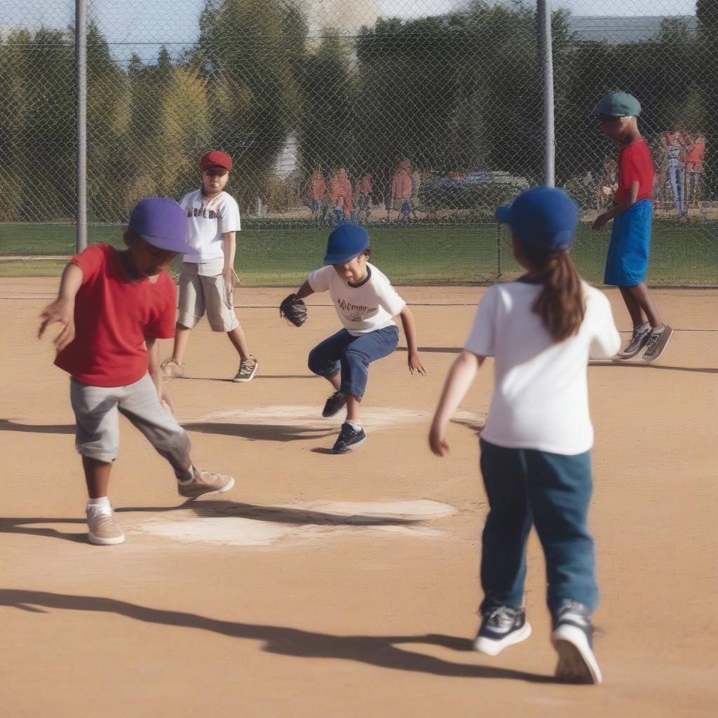 Kids playing baseball in the sandlot wearing various sneakers