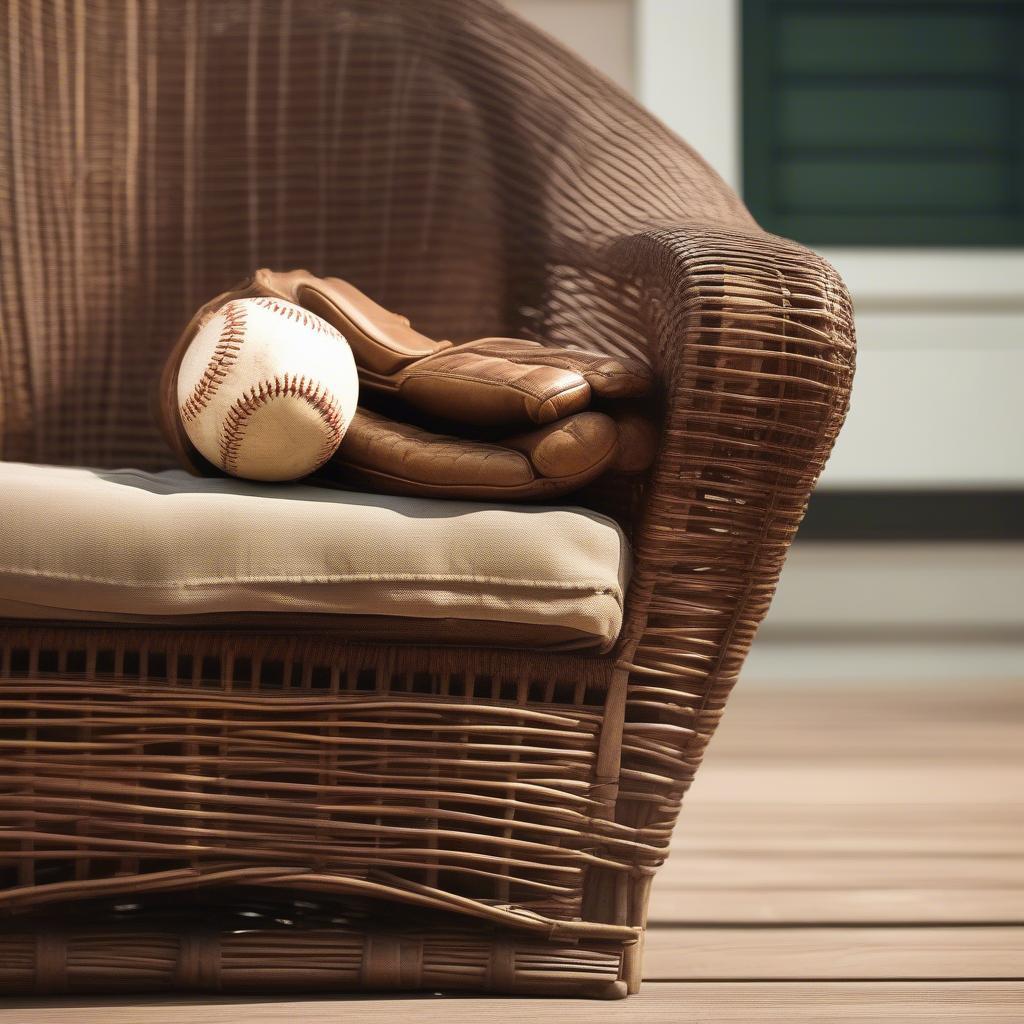 Wicker baseball glove resting on a rattan chair, evoking the spirit of The Sandlot in a vintage setting.