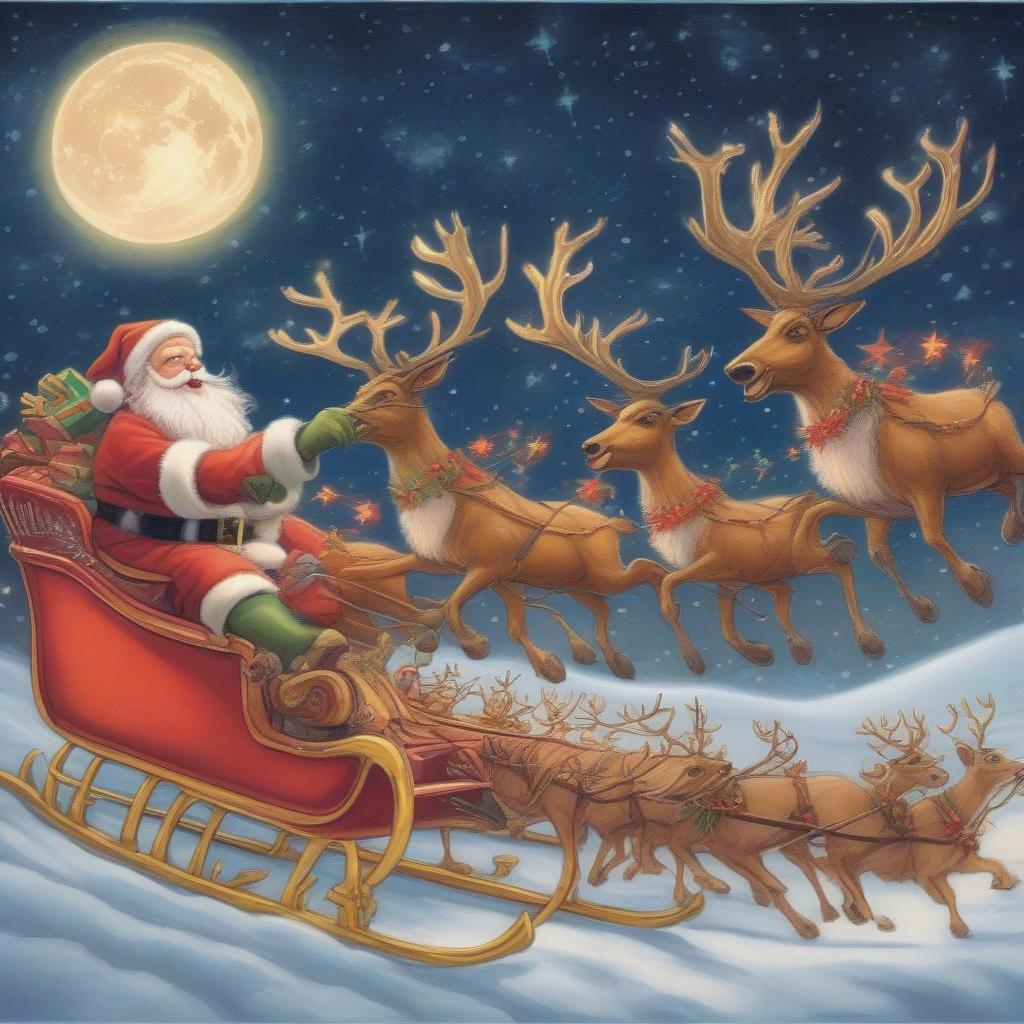 Santa Claus and his reindeer flying through the night sky