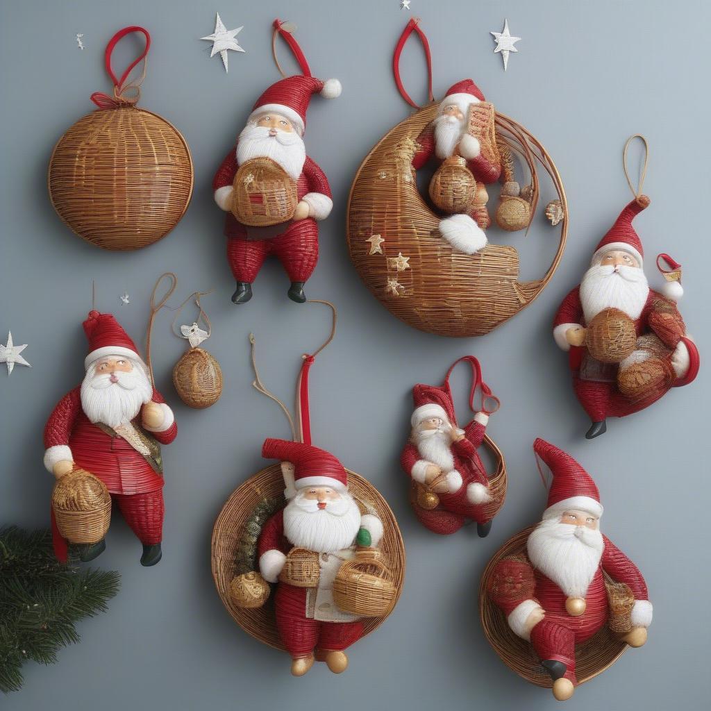 Different Styles of Rattan Santa Moon Ornaments: A variety of rattan Santa Claus ornaments sitting on crescent moons, showcasing different sizes, colors, and decorative elements.