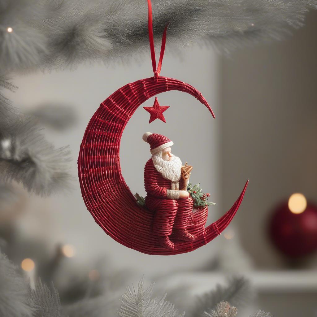 Wicker Santa Moon Ornament: A close-up of a wicker Santa Claus ornament perched on a crescent moon, showcasing the intricate weaving and festive details.