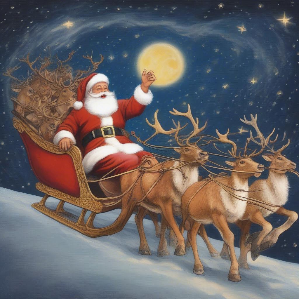 Santa and his reindeer flying through the night sky