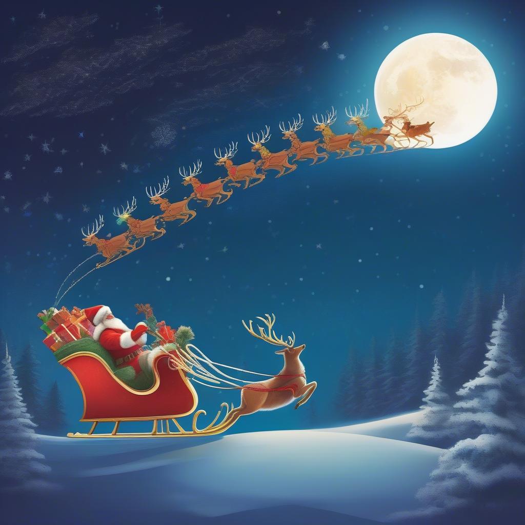 Santa and his reindeer flying on Christmas Eve