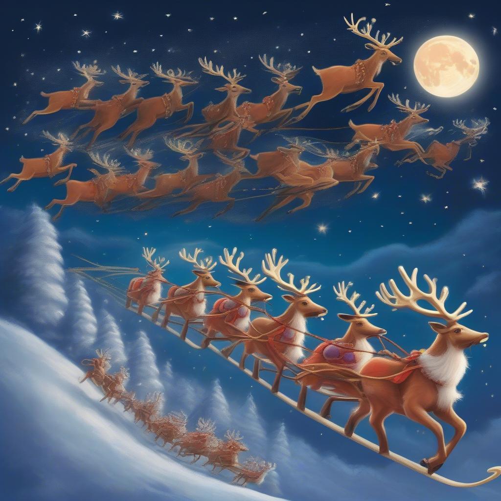 Santa's Reindeer Team Flying Through the Night Sky