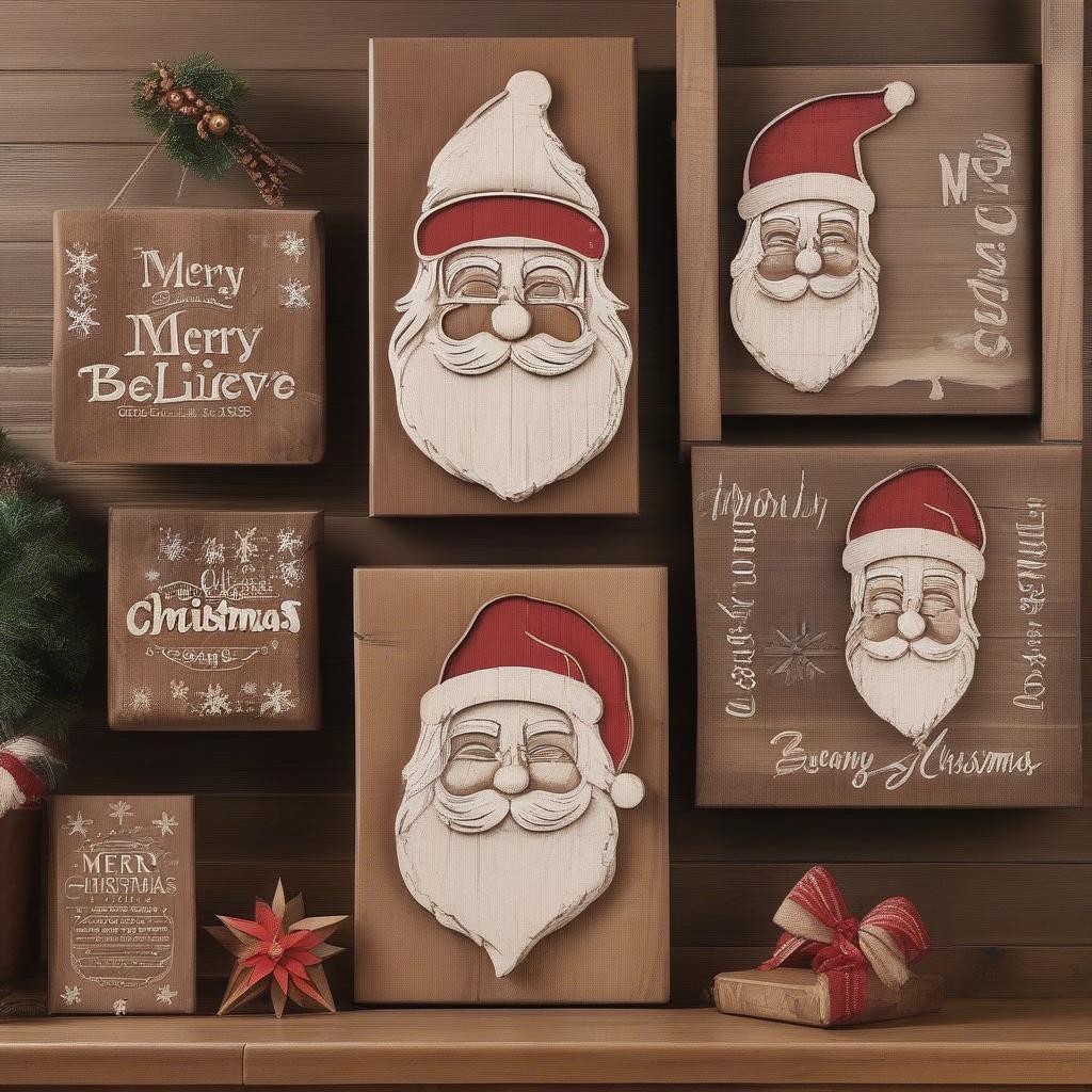 Variety of Santa wood signs showcasing different styles and sizes