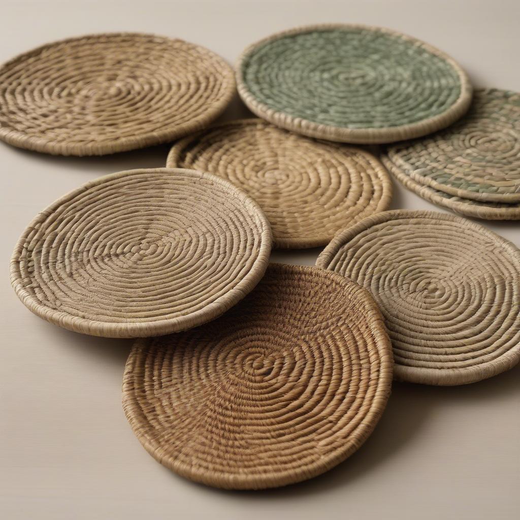 Seagrass coasters with intricate woven patterns, showcasing their natural beauty and suitability for coastal-themed decor.