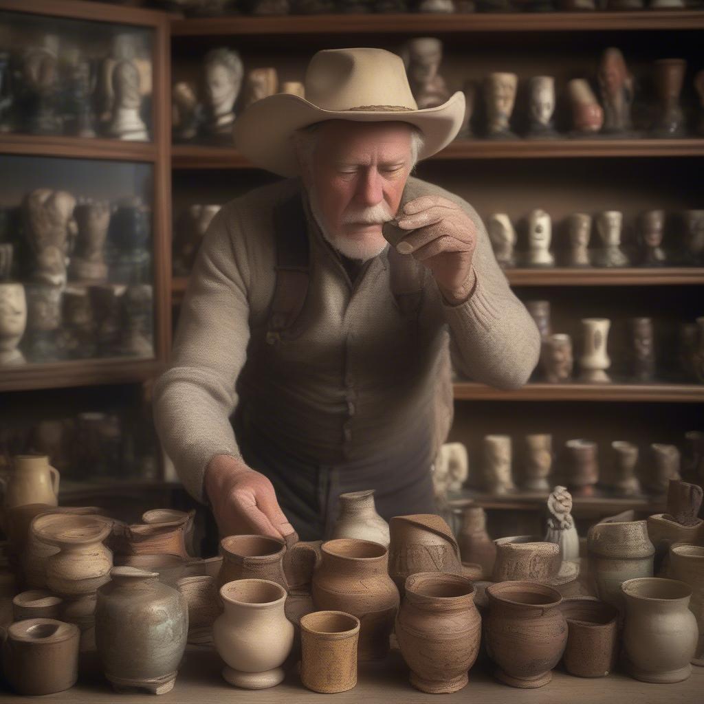 A person browsing vintage match holders at an antique shop, examining a ceramic cowboy boot shaped holder.