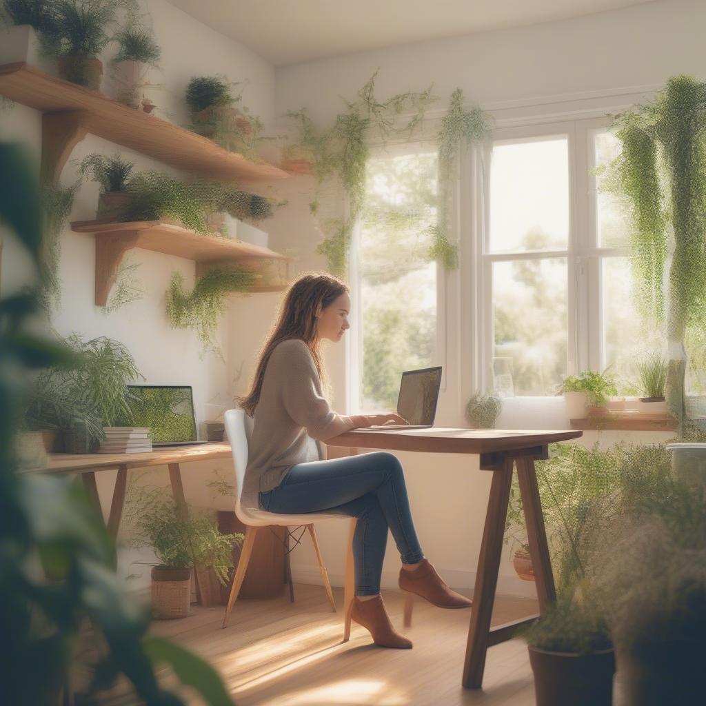 A person sitting at a desk using a laptop to browse online real estate listings for houses in the woods.