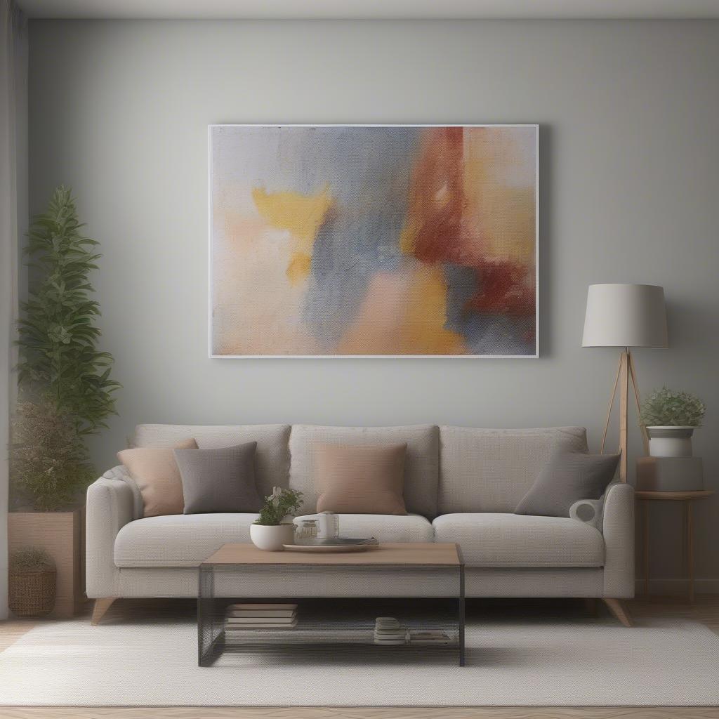 A person selecting a canvas print to match their living room decor, considering size, color, and style.