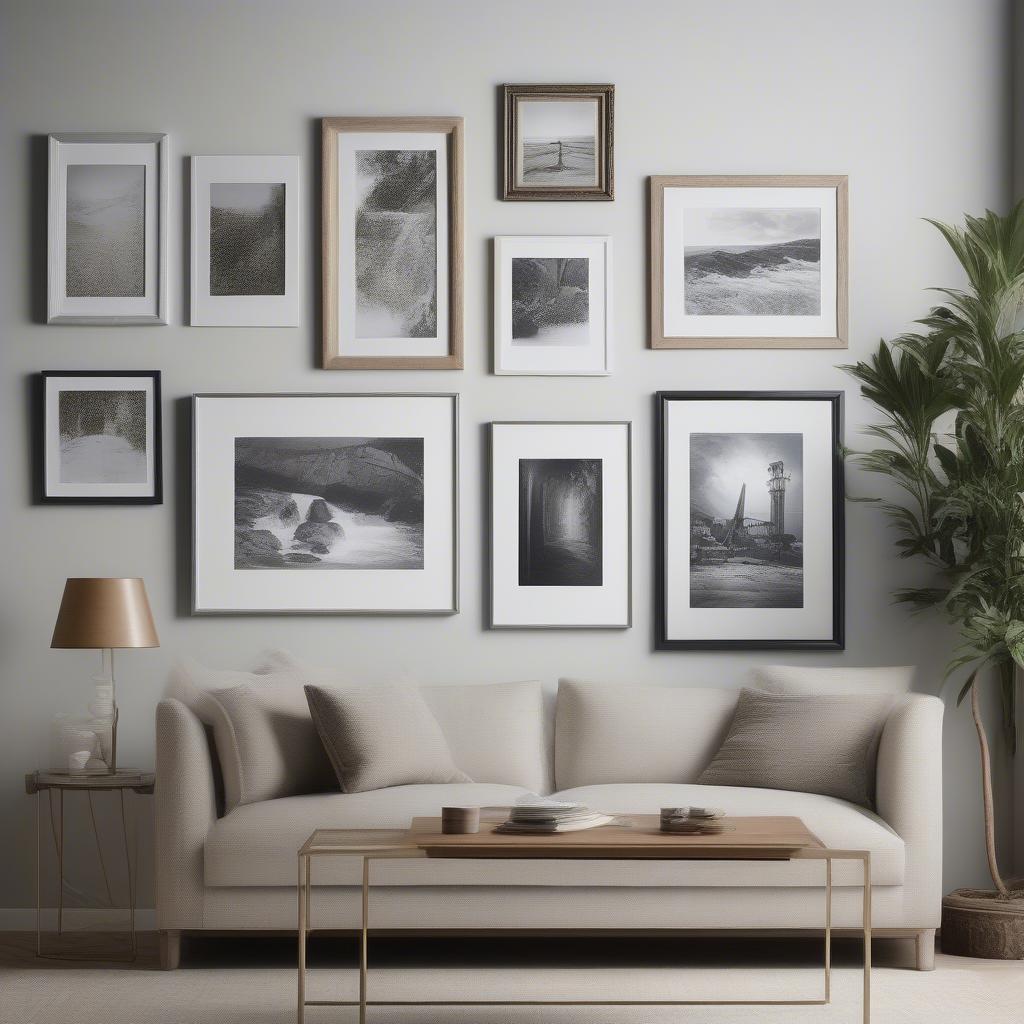 Various frame styles displayed alongside different canvas prints, showcasing how different frames enhance the artwork.