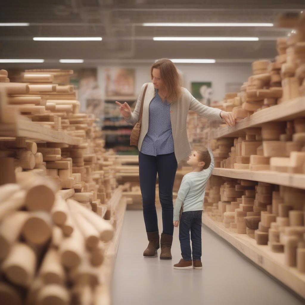 Parent and child choosing wooden logs in a toy store.