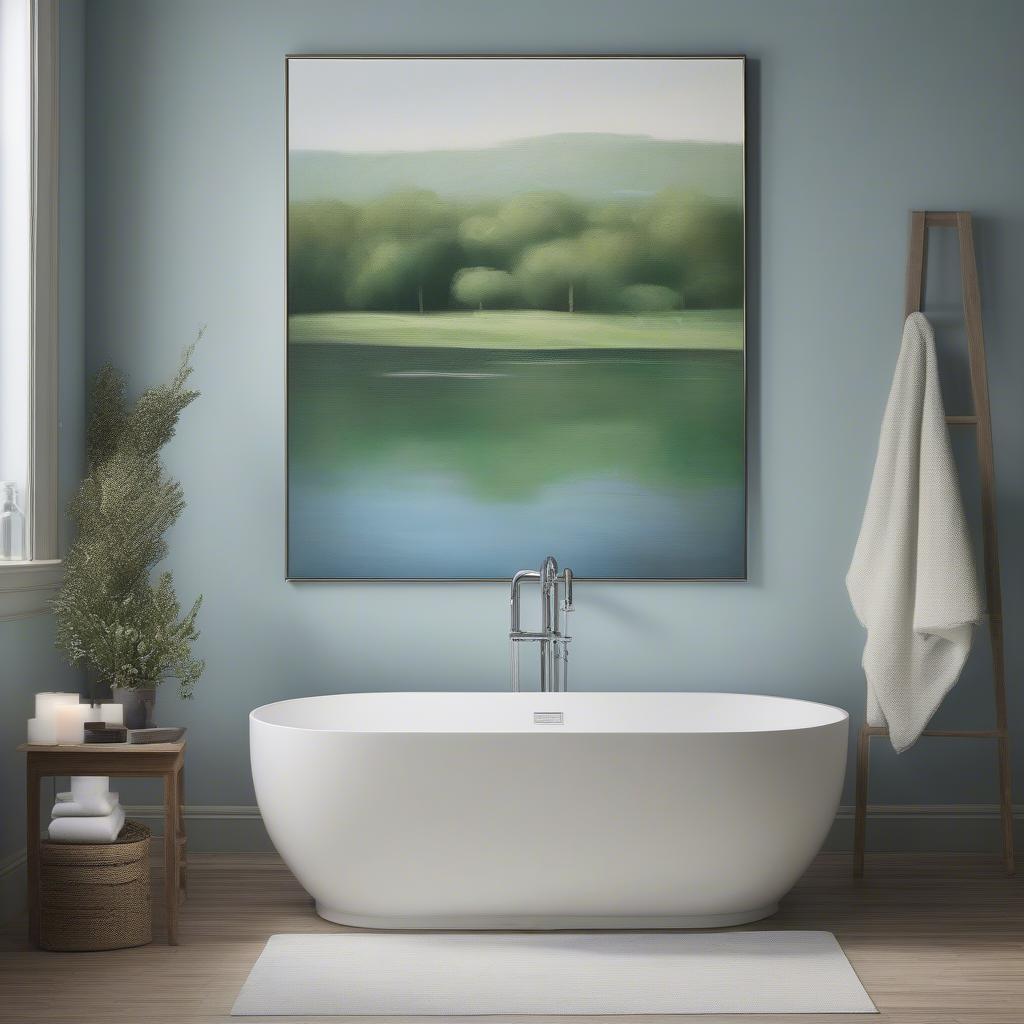 Serene landscape canvas art above a freestanding bathtub in a modern bathroom