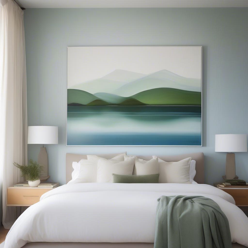 Serene landscape wall painting in a calming blue and green palette creates a tranquil atmosphere in a minimalist bedroom.