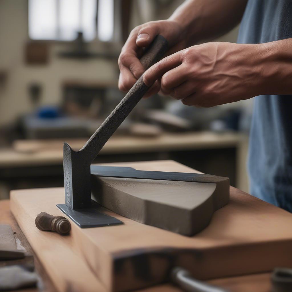 A person sharpening a multi axe tool with a sharpening stone.