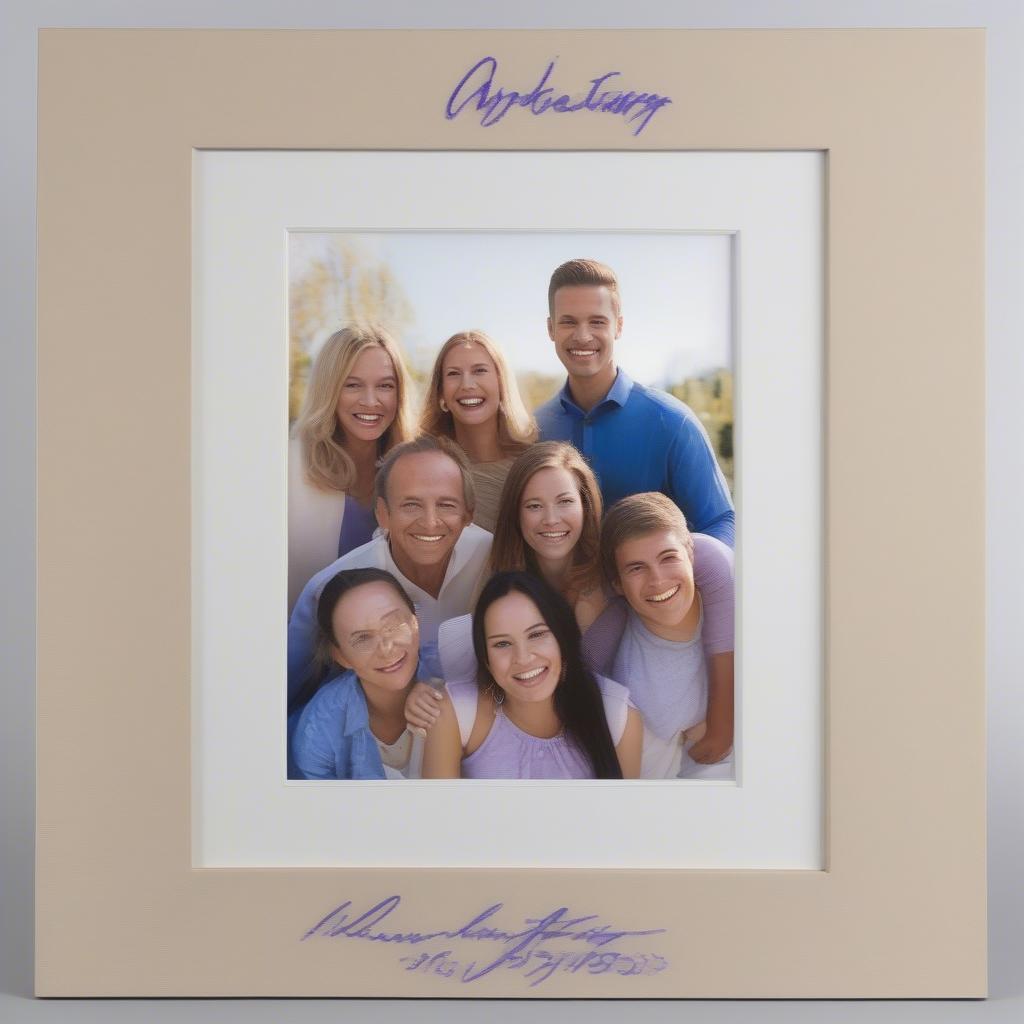 Close-up of a picture frame with a signature mat featuring multiple signatures in different colored inks.